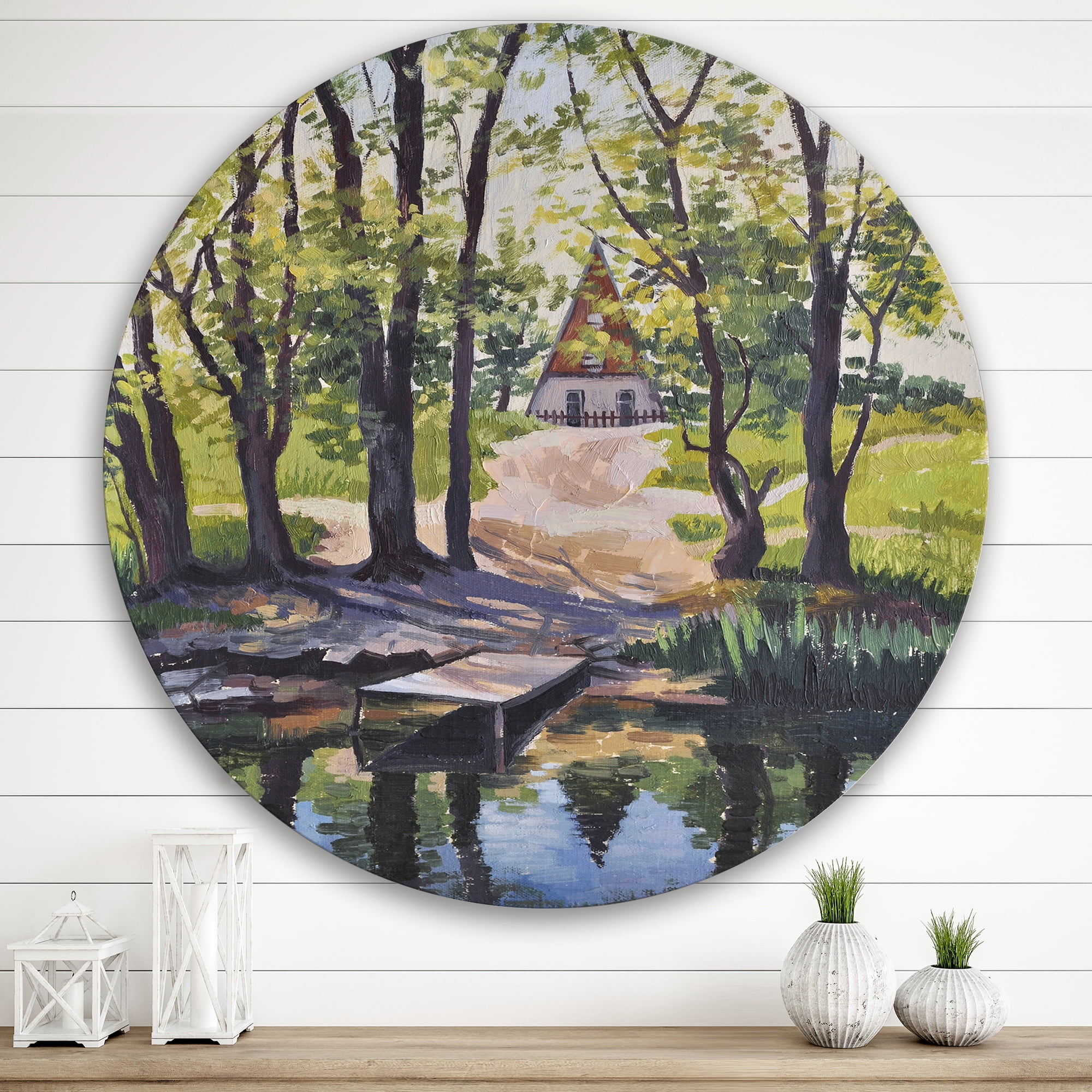Designart 'Mysterious Countryside House By The River In The Woods' Lake House Circle Metal Wall Art 36x36 - Disc of 36