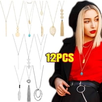 12 Pieces Long Pendant Necklace Set Y Tassel Leaf Circle Bar Necklace for Women, Y Necklace Set Fashion Jewelry
