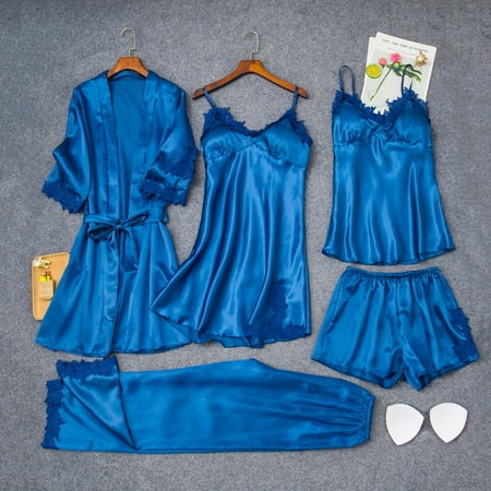 

KDDYLITQ Women Pajama Set with Robe Loungewear Cami Top and Shorts Pant Chemise Plus Size 5 Piece PJ Sets Soft Sleepwear Blue XXL