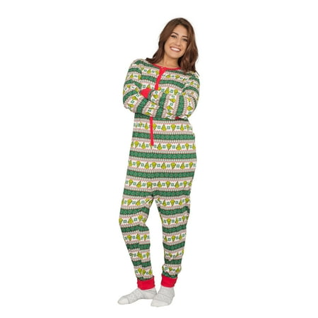 Grinch Green - Grinch Family Faces Christmas Green and White Adult Pajama Union Suit