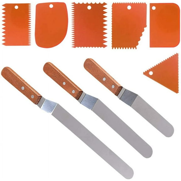 3 Angled Cake Spatula & 6 Pieces Cake Scraper Smoother, DaKuan 3 Sizes of Stainless Steel Cake Icing Spatulas with wooden handle (9.5", 8", 6") & 6 Pieces Orange Cake Smoothing Cutter Plate Tool