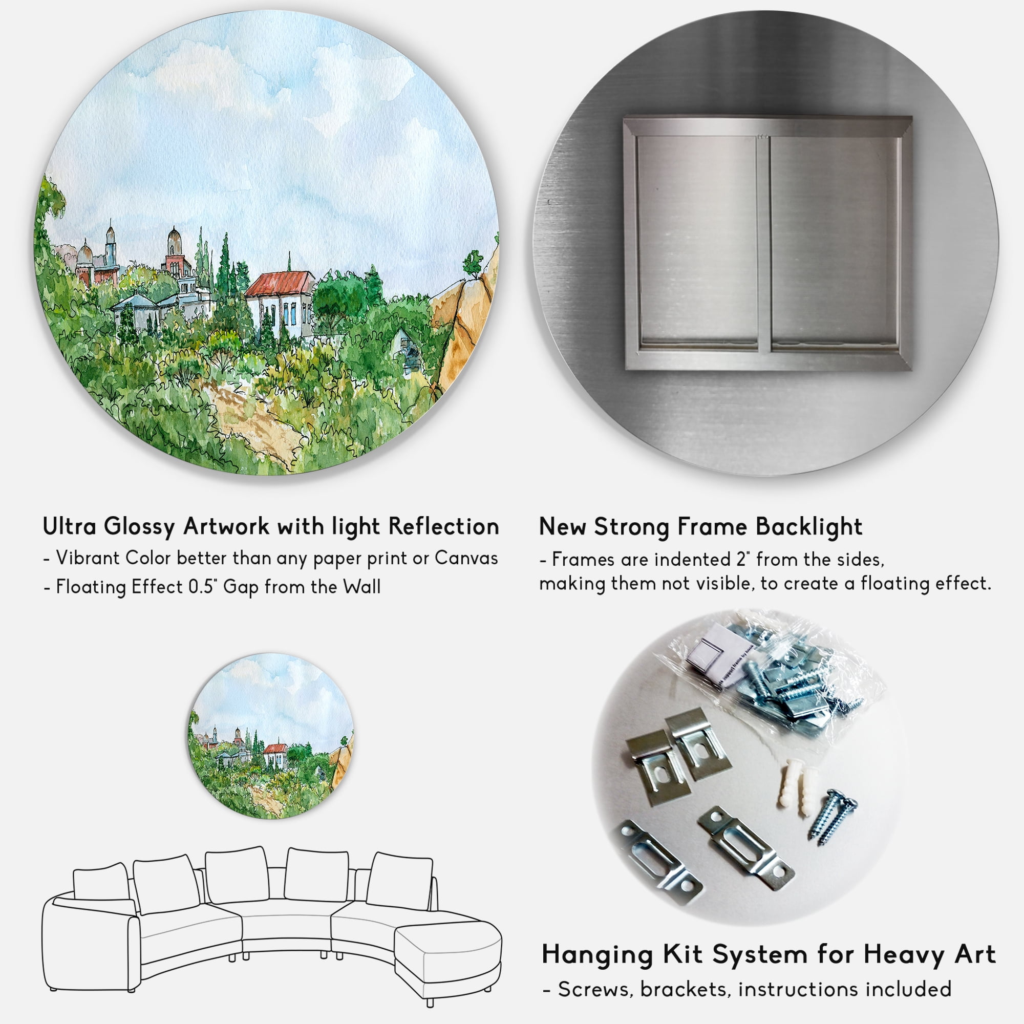 Designart 'White House With Red Roof In The Lush Green Countryside' Traditional Circle Metal Wall Art 11x11 - Disc of 11