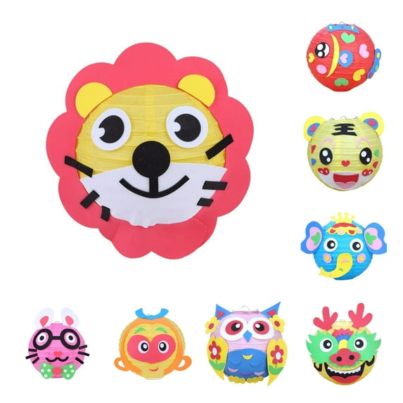 Dream Lifestyle Chinese New Year Paper Lanterns with LED,2022 Decorations DIY Round Hanging Paper Lamp Year of Cartoon Animal Patten Lanterns for Kids Spring Festival Supplies 1Set
