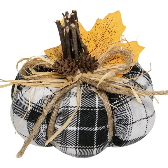 8.5" Black and White Fall Harvest Tabletop Pumpkin with Yellow Leaves
