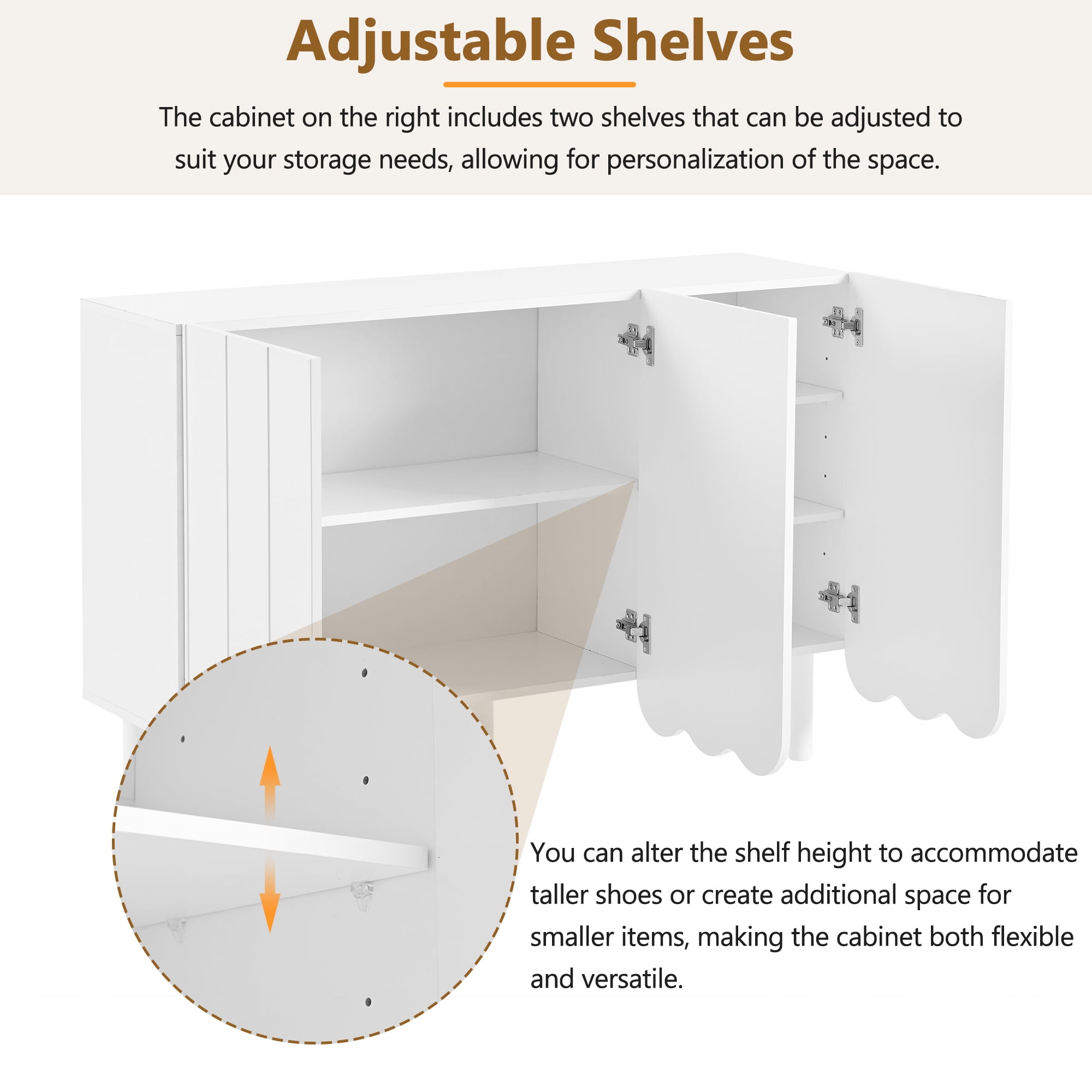 MAYEERTY Cream Style Minimalist Shoe Cabinet with 5 Solid Wood Legs, Sideboard Buffet Cabinet with Adjustable Shelves, Large Storage Cabinet with Wave Doors for Living Room, White