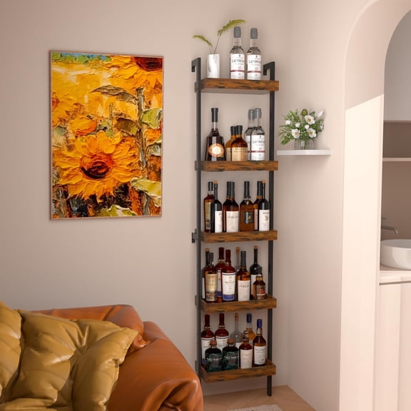 5-Tier Freestanding Wine Rack, 71 Tall Liquor Bottle Display Shelf with Fences, Storage for Whiskey, Cocktail Shakers & Mugs, Wine Holder with Wall Anchor for Dining Room, Kitchen, Bar