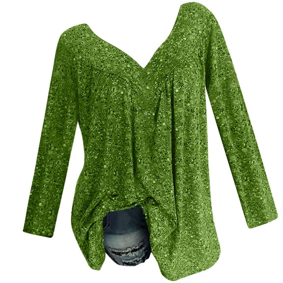 IROINNID Savings Fall Shirts for Women Long Sleeve Loose Fit Lightweight V-Neck Blouse Casual Pleated Soft Pullover Tops,Green