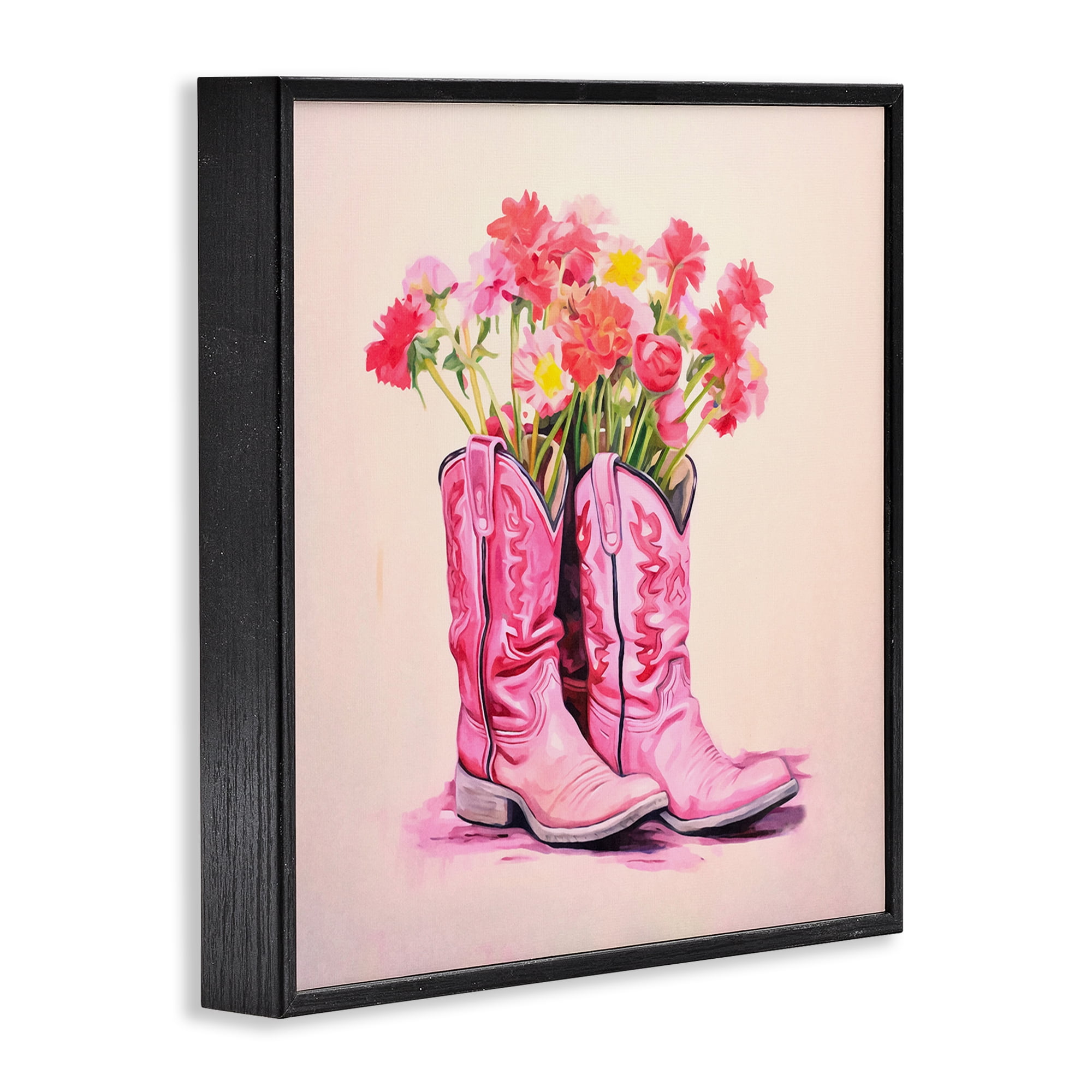 Stupell Industries Pink Blossom Boots Botanical & Floral Painting Black Framed Art Print Wall Art, 24 x 24
