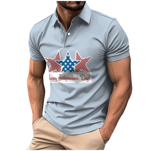 VBARHMQRT T-Shirt Jaune pour Homme Été Quotidien Col Rond Manches Courtes T-Shirt à Boutons à Manches Courtes de Plein Air pour Homme Fête de l'Indépendance Bleu