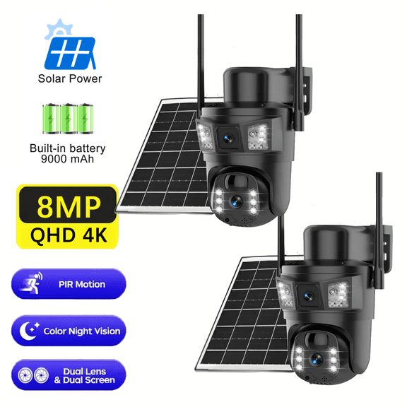 2Pack 4K Solar Security Cameras Wireless Outdoor, 8MP 360° View Battery Powered Outdoor Camera, 2.4GHz/5GHz Dual Band WiFi,Night Vision with Spotlight, 2-Way Audio, PIR Motion Sensor, Waterproof