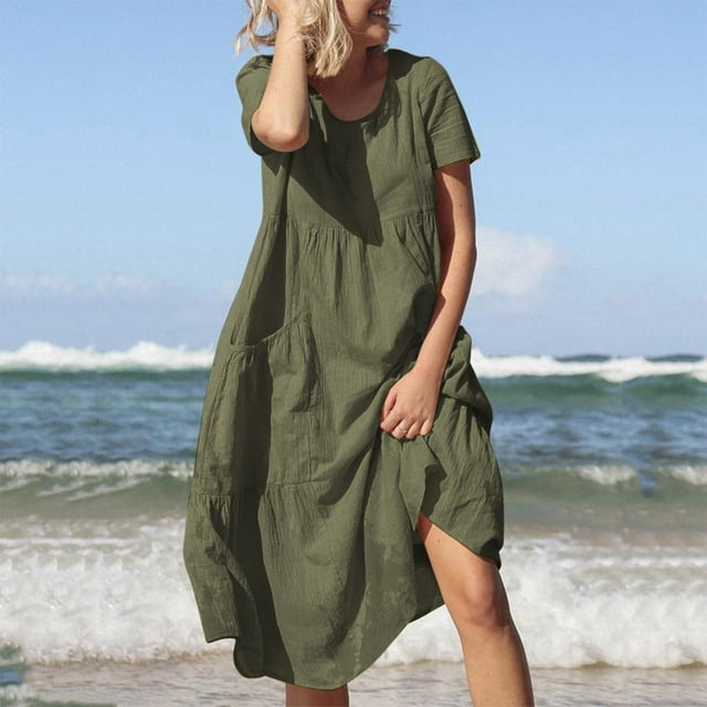 CHOK jusqu'à 35% de Rabais sur les Robes d'Été en Lin de Coton pour Femmes à Manches Courtes Robes Midi avec Poches Cadeaux pour Femmes Vert 3XL