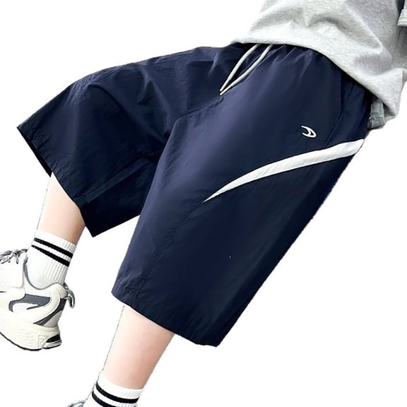 Boys Drawstring Capri Sports Shorts, Stripe Patchwork Loose‑Fit 7/8 Length Casual Pants, Thin Trendy Summer Trousers for Big Kids 6‑16 Years Old