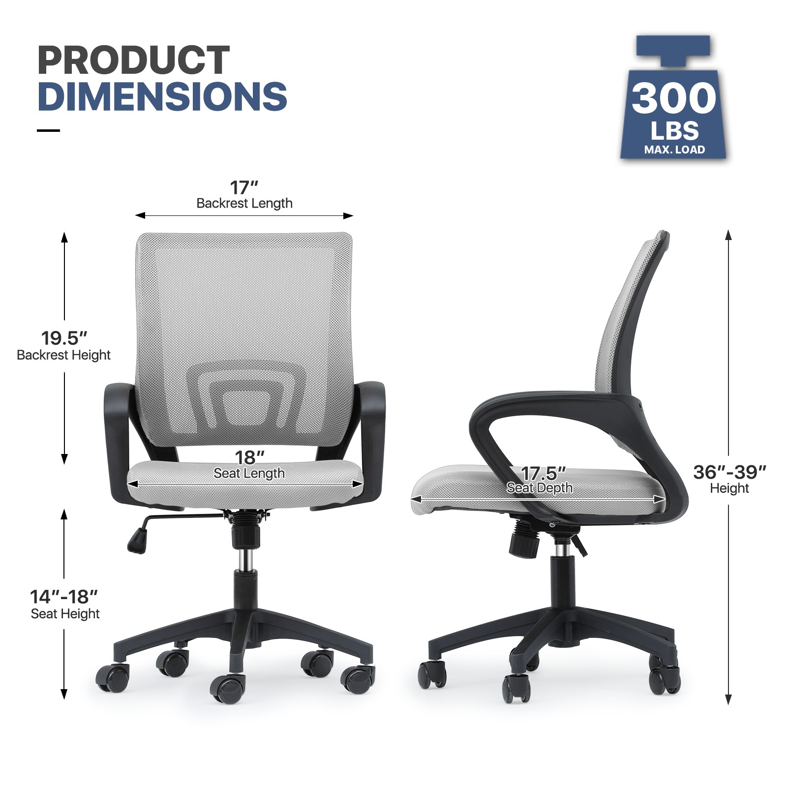 MoNiBloom Set of 2 Mid-Back Office Desk Chairs Ergonomic Adjustable Height Mesh Computer Chairs with Lumbar Support, Light Gary