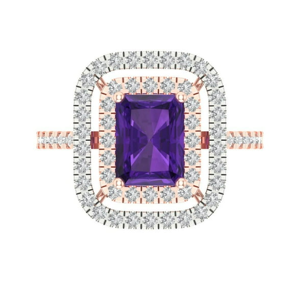 2.62 ctw with Simulated Diamond Halo Accents Anniversary Ring for Women | Emerald Cut Natural Amethyst | Hyperallergenic Solid 14K Rose/White Gold