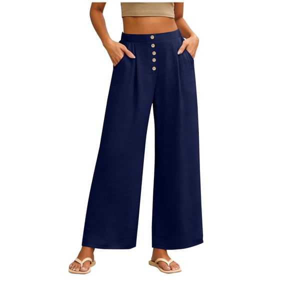 RQYYD Women's Elastic Waist Linen Pants Casual Loose Wide Leg Button Front Lightweight Summer Daily Wear Bottoms