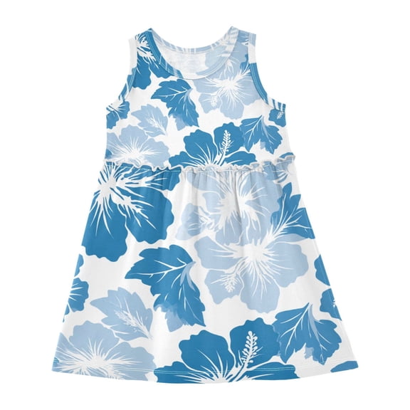 Girls Dress Hibiscus Flowers White and Blue Sleeveless Dress for Girls Hem A-Line Casual Sundress