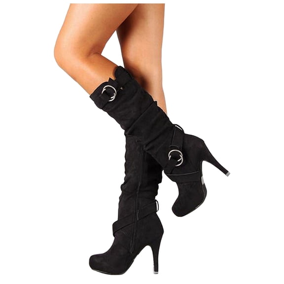 Rokment Stiletto High Heels Slouchy Knee High Boots for Women Ladies Fall Winter Fashion Casual Buckles Dress Pumps Wide Calf Tall Boots Black Size 6