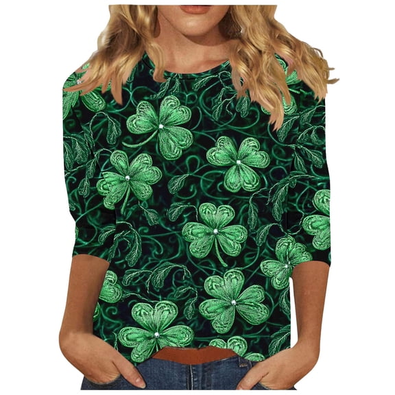 successthop St Patricks Day Clothing Women Green Casual Oversized Crewneck Outfits 3/4 Sleeve Shirt Plus Size Blouse 3XL