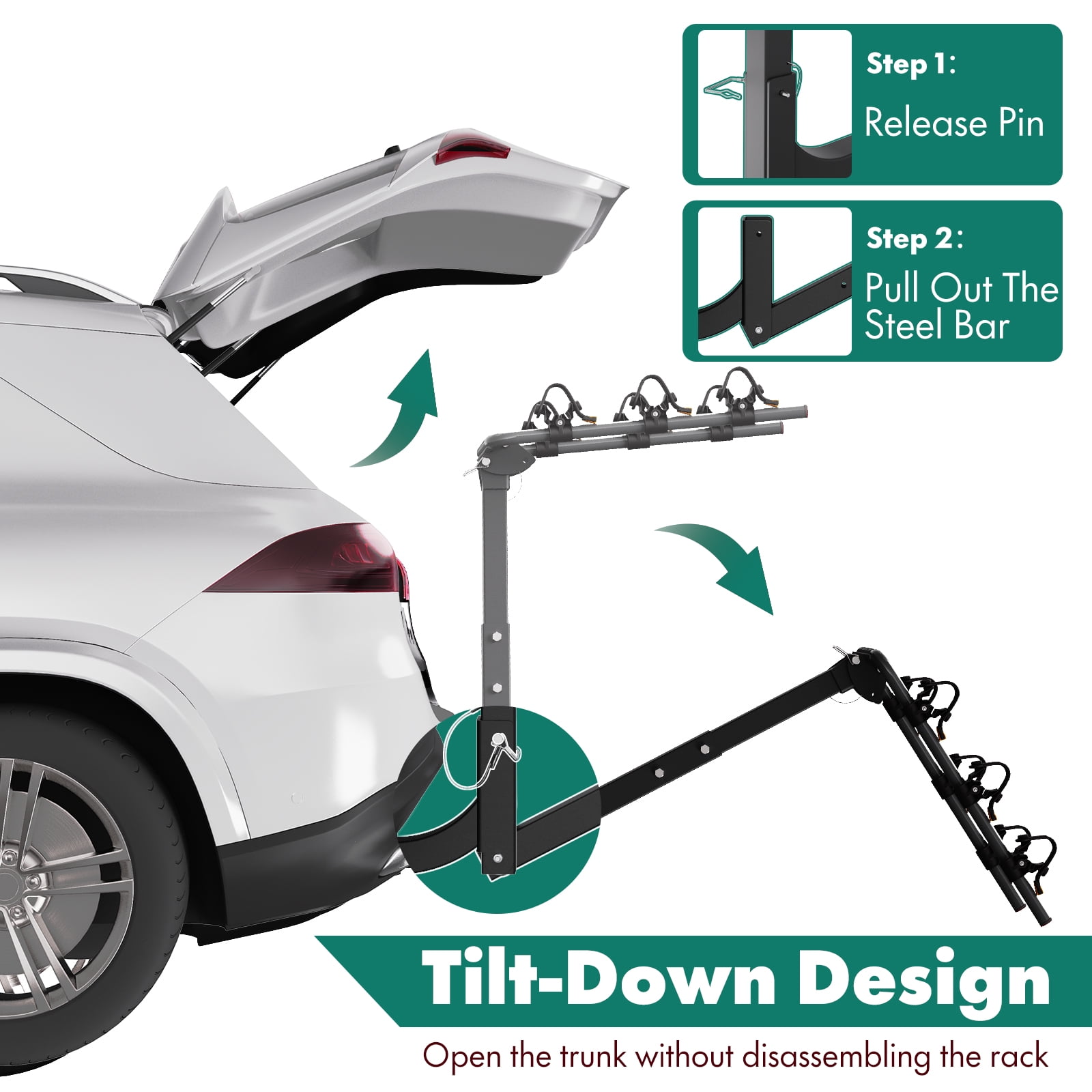 IKURAM 3 Bike Rack for Car, Bicycle Carrier Compatible with 2'' Hitch Receiver, Heavy Duty Bike Hitch Mount Rack Double Foldable Swing Down Bike Car Rack Fit Most Truck, SUV and Minivan