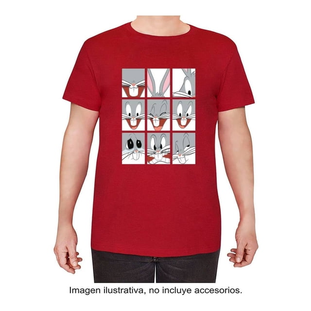 Playera Looney Tunes para Niño Juvenil, Manga Corta Estampado Expresiones Bugs Bunny Roja Talla 16