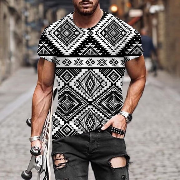 TIHLMK Mens T Shirt Men's Summer Neckline T-shirt 3D Printing Pattern Short Sleeve