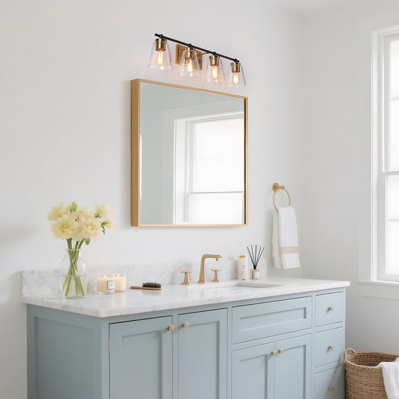 LNC Alumbrar 29-in Polished Gold and Matte Black Bathroom Vanity Light with Clear Glass Cone Shades, Modern, 4-Light