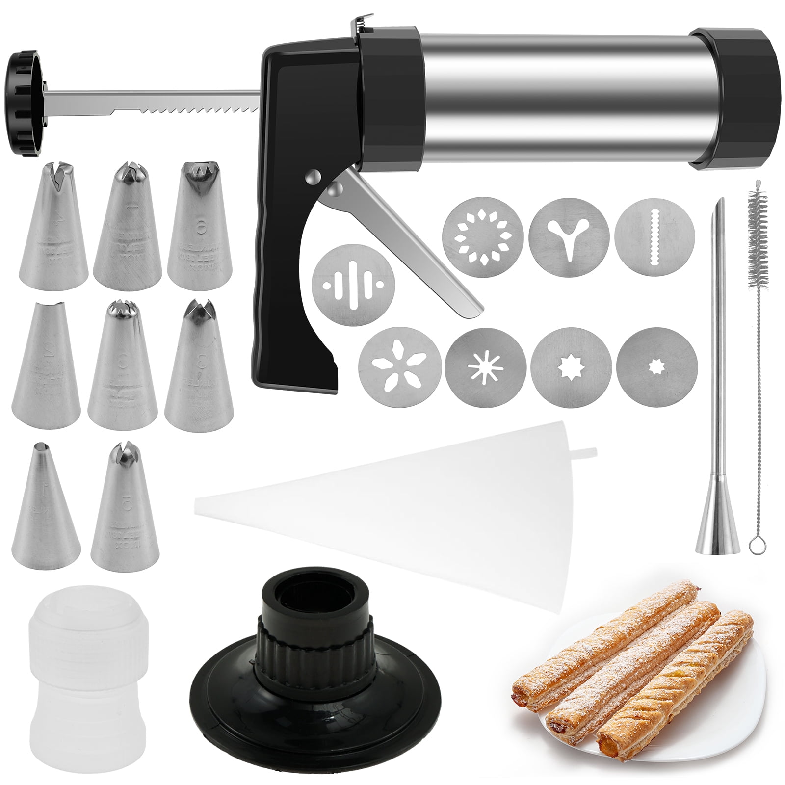 Jetcloudlive Churro Maker Machine Stainless Steel Cookie Press Kit DIY Cookie Maker Machine with 6 Icing Nozzles Multifunctional Cookies Maker Kit for Making and Decorating Cookies Biscuits