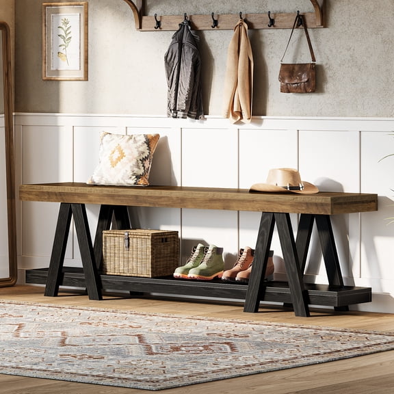 Finmind 59.06-inch Entryway Bench with Shoe Storage, Narrow Long 2-Tier End of Bed Bench with Open Shelves for Entryway, Bedroom, Rustic Brown & Black