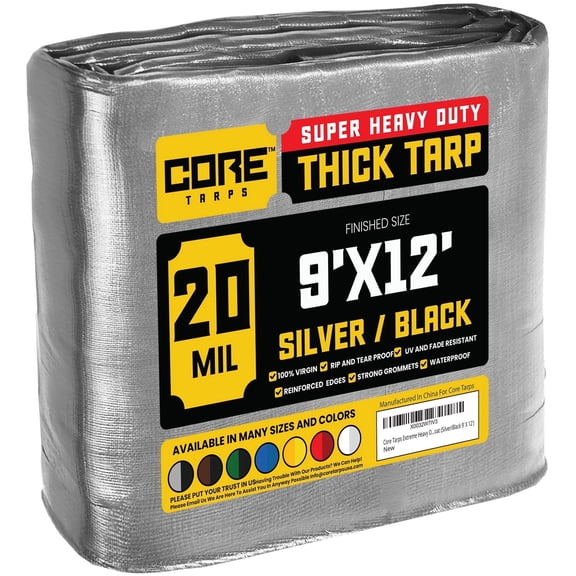 Core Tarps 20 Mil Heavy Duty Tarp Tarpaulin Waterproof Cover, Silver/Black 9' x 12'