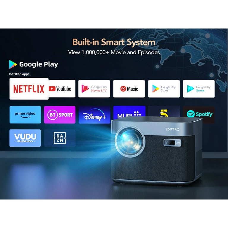 Smart Auto Focus 4K Projector, Toptro Home Movie Projector with Android OS,  Native 1080P 5G Wifi 6 Bluetooth Projector, with Netflix 8000+ Apps 