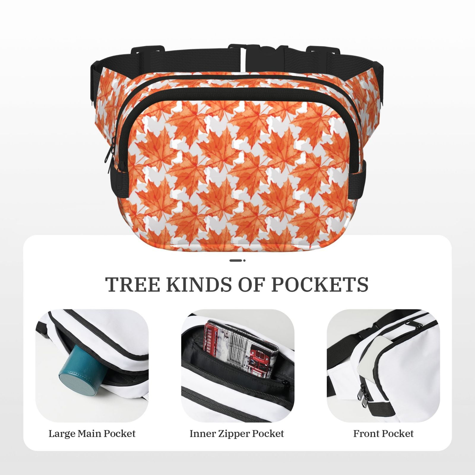 Picia Maple Leaves A Print Square Double-Layer Waist Bag Mini Adjustable Waist Belt Bag Exercise Running Travel Hiking