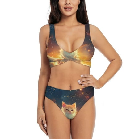 Zeuib Starry Sky Constellation Cat High Waisted Tummy Control Bikini Set - Knot Front Push Up Top & Cheeky Thong Bottom  Two-Piece Swimsuit for Women-XX-Large