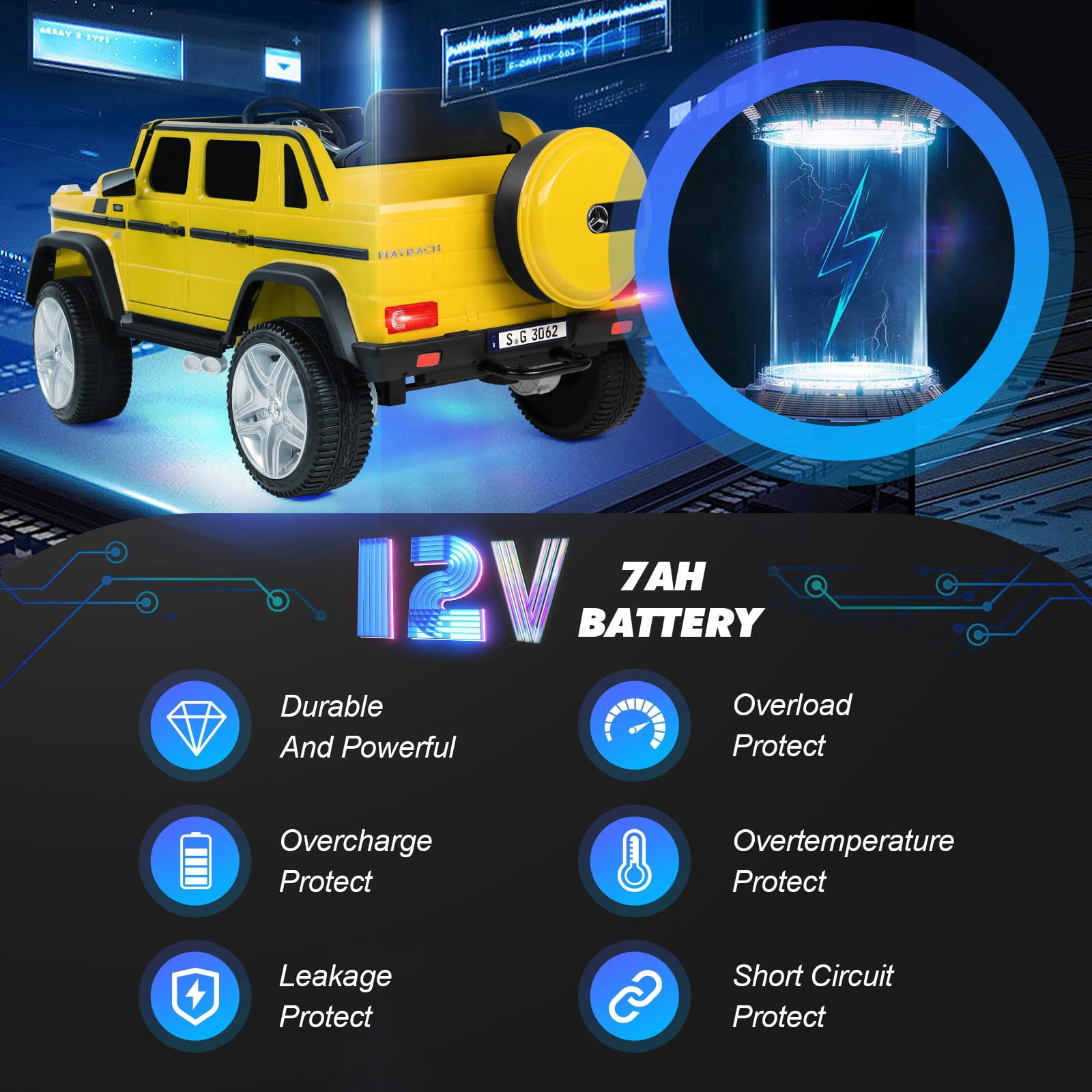 12V Battery Powered Kids Ride on Car Mercedes-Benz Electric Toys Truck 3 Speeds,LED Lights,Music with Remote Control(Yellow)