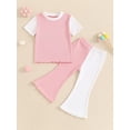thumbnail image 5 of Aojekbee Kid Girls Pants Set, Contrast Color Short Sleeve Crew Neck T-shirt with Flare Pants Summer Outfit, 5 of 10