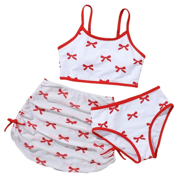 XZNPDUCQ Fashionable And Cute Girls Swimsuit With Bow Print Two Piece Swimsuit Set Swimming Suit For Girls 9Y Red