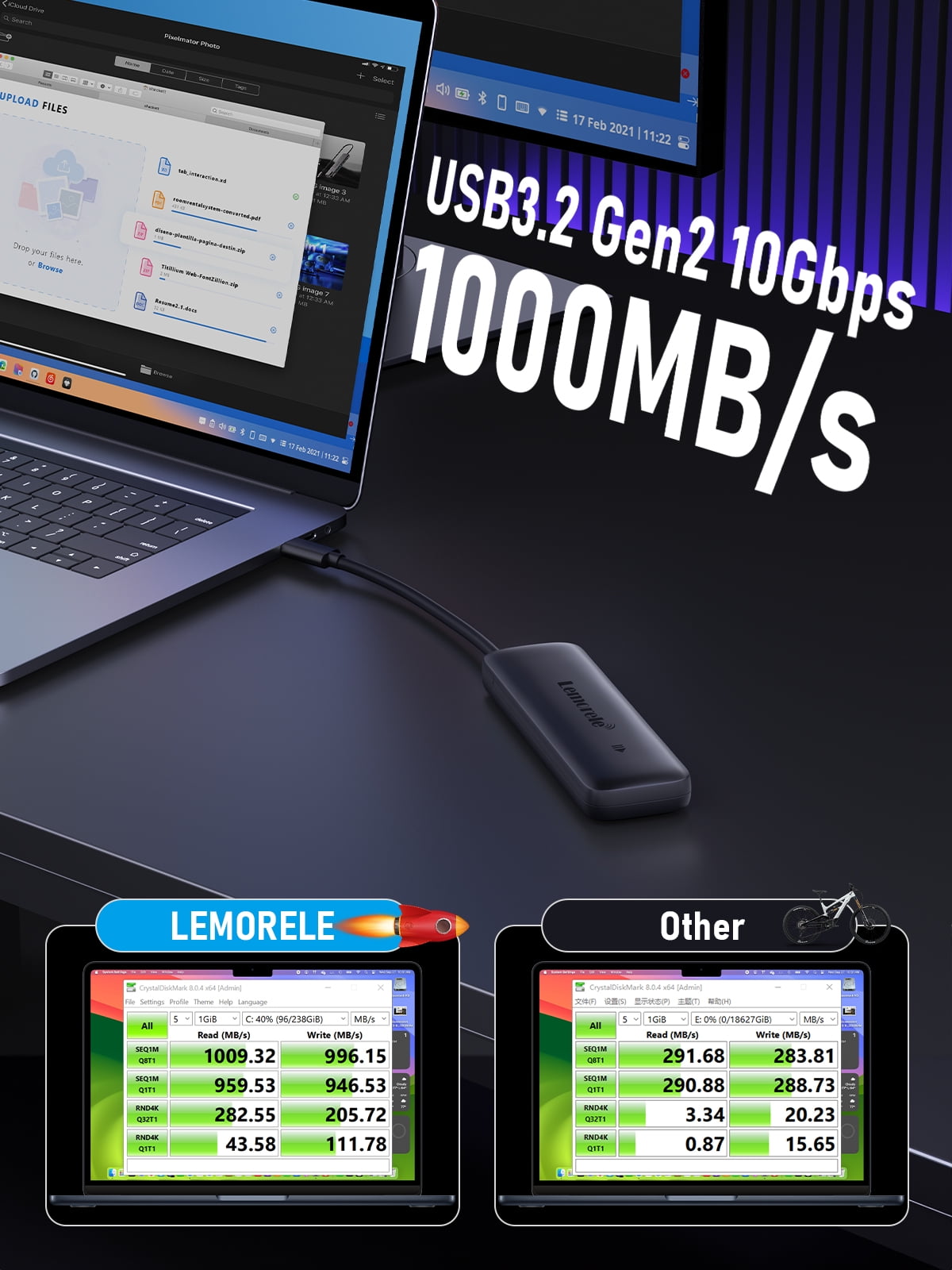 Lemorele M.2 NVMe SSD Enclosure USB C 10Gbps, Tool-Free Portable m.2 SSD Adapter Enclosure, Supports 2230/2242/2260/2280 Form Factor, Plug and Play for Windows, Mac, Android, iOS, Linux