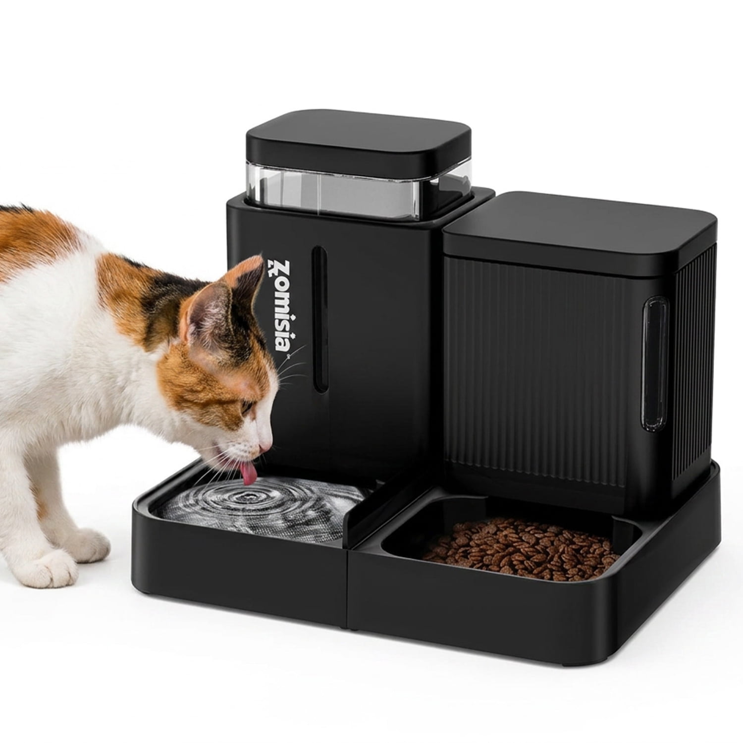 ZOMISIA Automatic Cat Feeder and Water Dispenser Set, 2 in 1 Gravity Cat Food Dispenser with 180° Rotatable, Pet Self Feeding Large Capacity for Small Dogs Puppy Kitten, Black, 0.8 Gallon