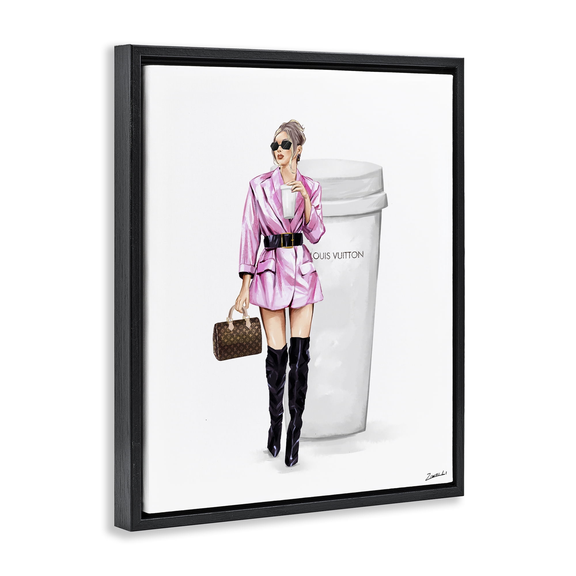 Stupell Industries Woman in Pink with Coffee People Painting Black Floater Framed Canvas Art Print Wall Art, 17 x 21