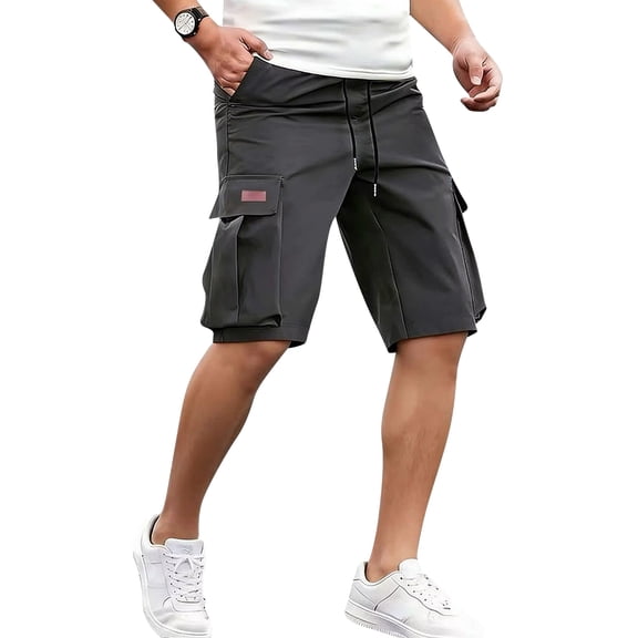 Men's Cargo Shorts Summer Beach Elastic Waist Drawstring Shorts Durable Loose Fit Outdoor Workwear Utility Shorts