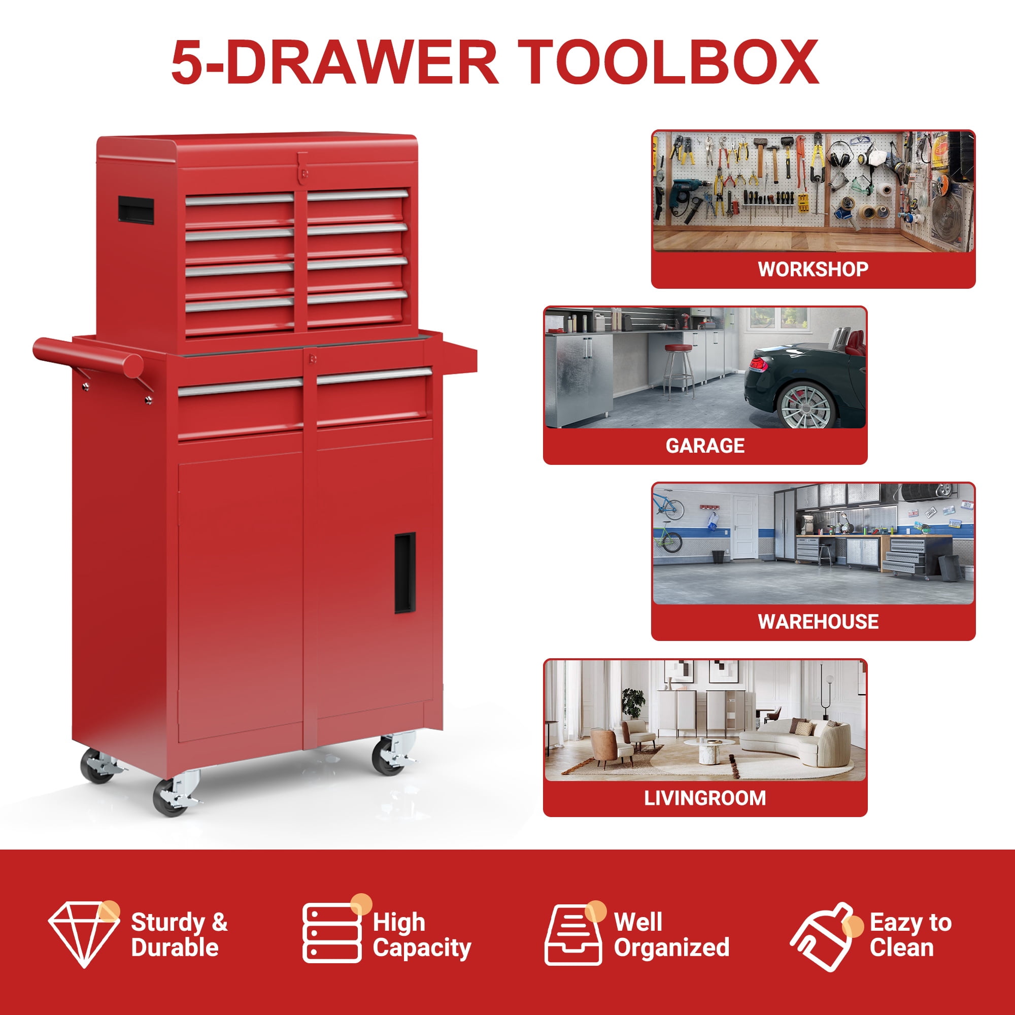 MUCHANT 5-Drawer Rolling Tool Chest, 2-in-1 Tool Box& Cabinet with Wheels, Drawers and Removable Top Tool Box for Garage, Warehouse, Workshop, Repair Shop, Red