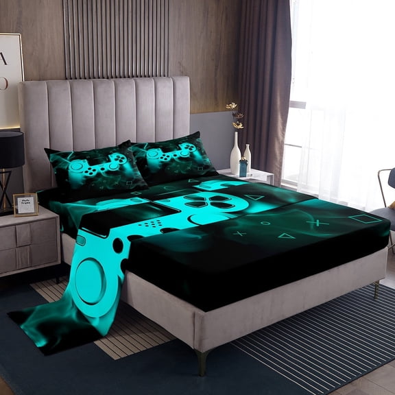 Erosebridal Cyan Gamepad Sheet Set Twin , Teens Gamer Gaming Bedding Sets Twin Size, Game Theme Bedroom Decor 3pcs