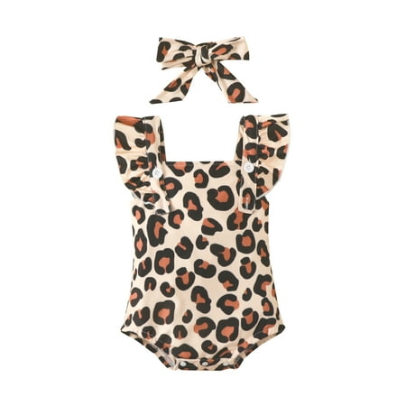 

VISgogo Infant Baby Girls Casual Romper Leopard Printed Square Neck Fly Sleeve Bodysuit with Headband