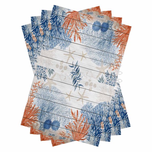 Orange Navy Blue Coral Kitchen Towels Set of 4, Water Absorbent Dish Towel, Summer Beach Coastal Ocean Wooden Decorative Hand Towels - Quick Drying Cloth for Cooking Baking, 18x28 Inch