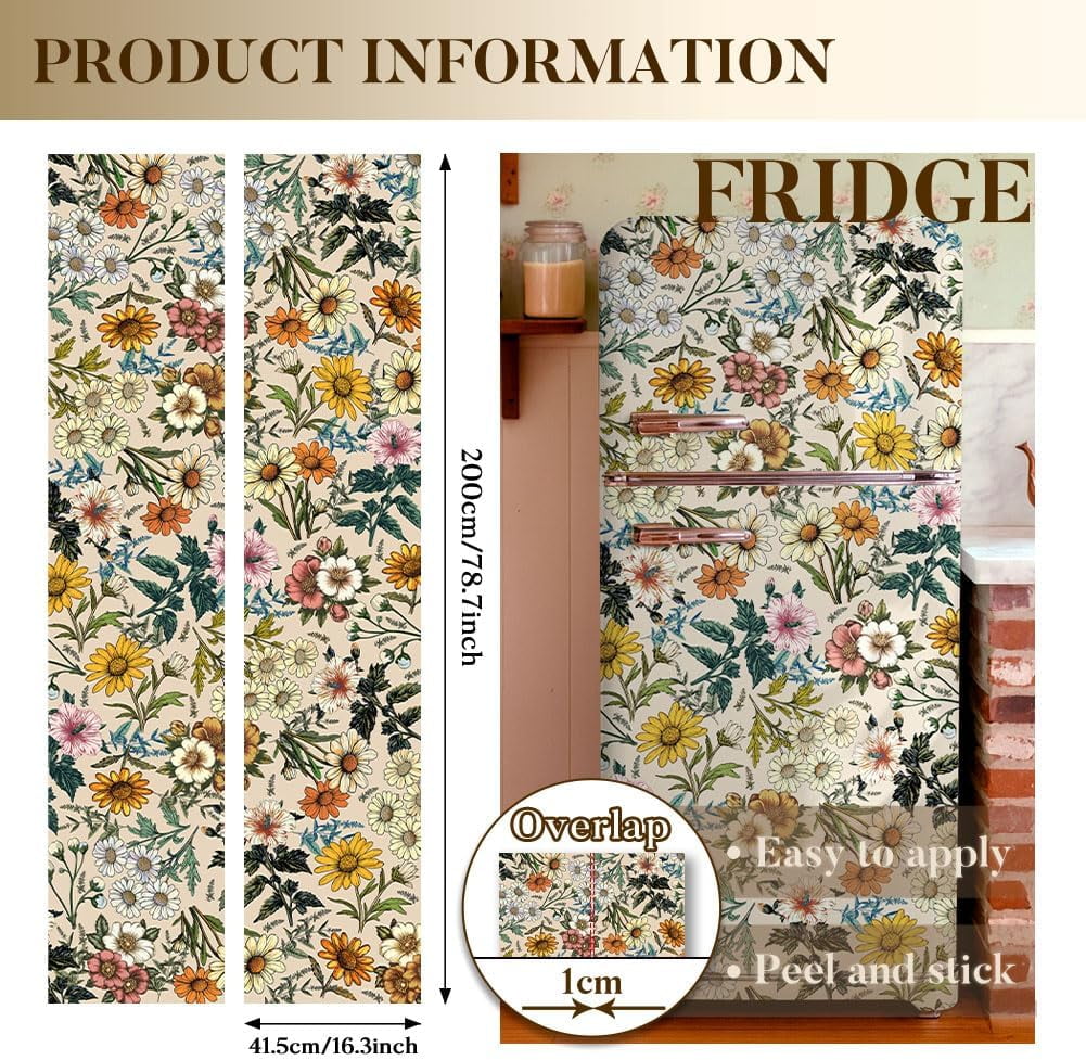 2 Pcs Retro Flower Removable Refrigerator Wraps Self-Adhesive Fridge Stickers Peel and Stick Vinyl Fridge Decals Sticker for Living Room Multi-color