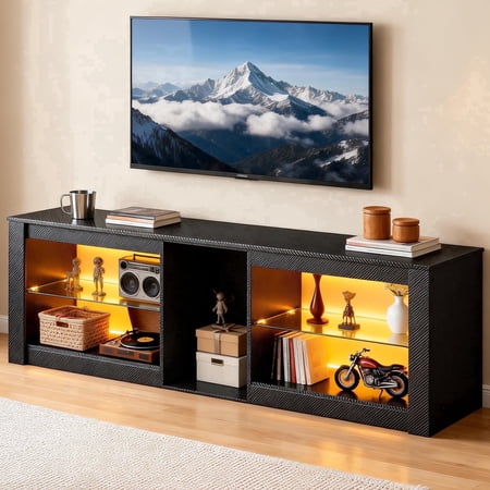 THAILE Black TV Stands for Living Room, Entertainment Center for TVs up to 75" with Glass Shelves & Carbon Fiber Finish