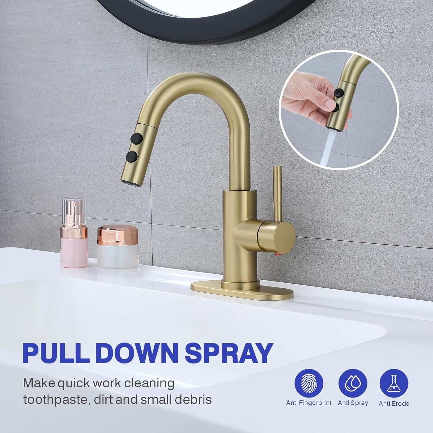 Bathroom Sink Faucet with Pull Down Sprayer, Brushed Gold Single Handle Pull Out Faucet with Pop-Up Drain, 1 or 3 Hole Laundry Bar Basin Faucet with Deck Plate, KBL-7002BG-CL