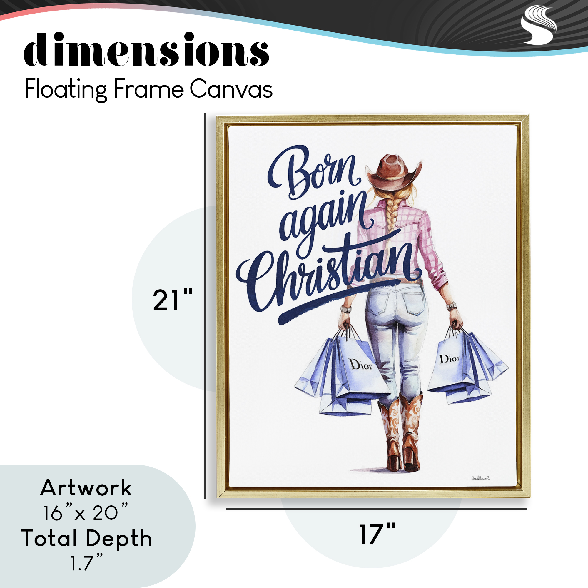 Born Again Christian Cowgirl Gold Framed Floater Canvas Wall Art, design by Amanda Greenwood