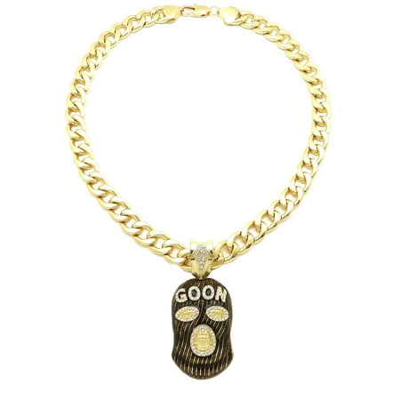 2 Faces Pendant - Stone Stud Full Face Ski Mask Goon Pendant with 11mm Cuban Chain Necklace, Gold-Tone, 20