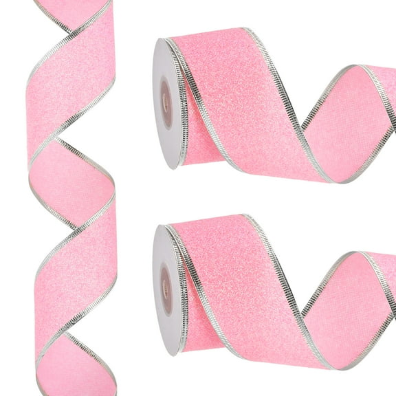 20 Yards x 2" Christmas Ribbon Metallic Wired Ribbon Shine Gift Wrapping Ribbon for Craft Birthday Wedding Festival Decoration, Pink Silver