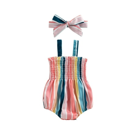 

Arvbitana Baby Girls Suspender Romper Sleeveless Backless Striped Print Bodysuit + Headband Summer Casual Sling Playsuit Overalls Set for Newborn 2Pcs 0-18M
